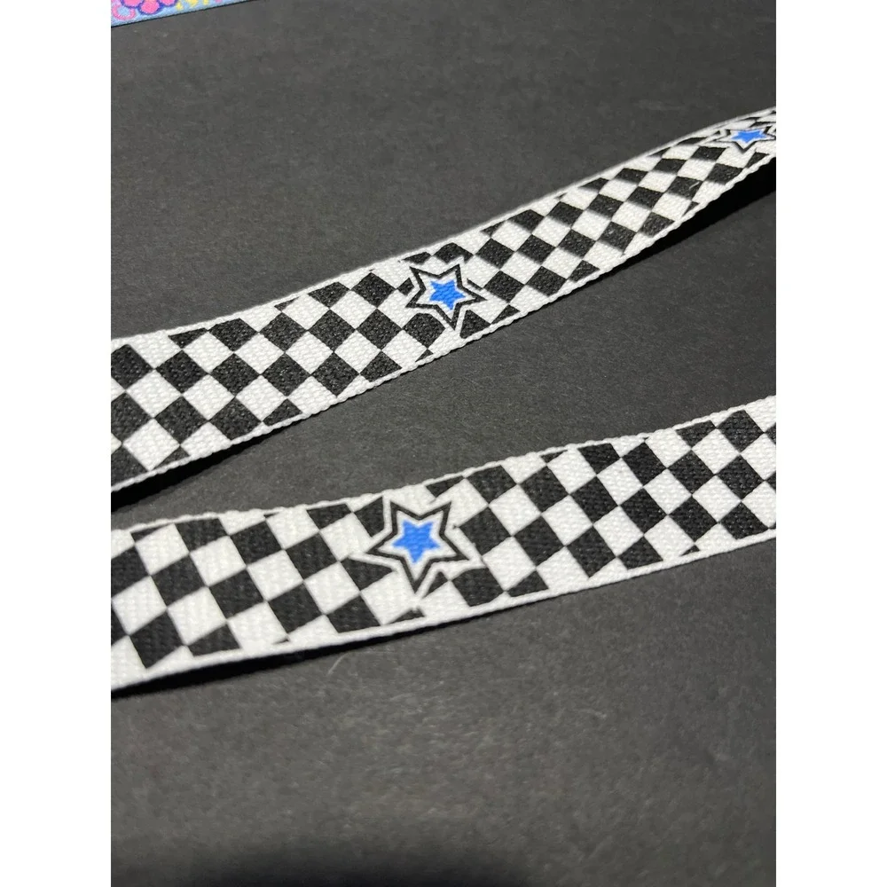Set of 2 Lanyards Checkered Star and Floral Smiley Face Blue Pink Black White